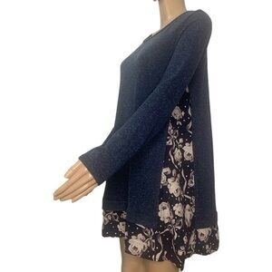 Mon Ami USA Blue Long Sleeve Knit Floral Boho Flowy Tunic Top Size Medium